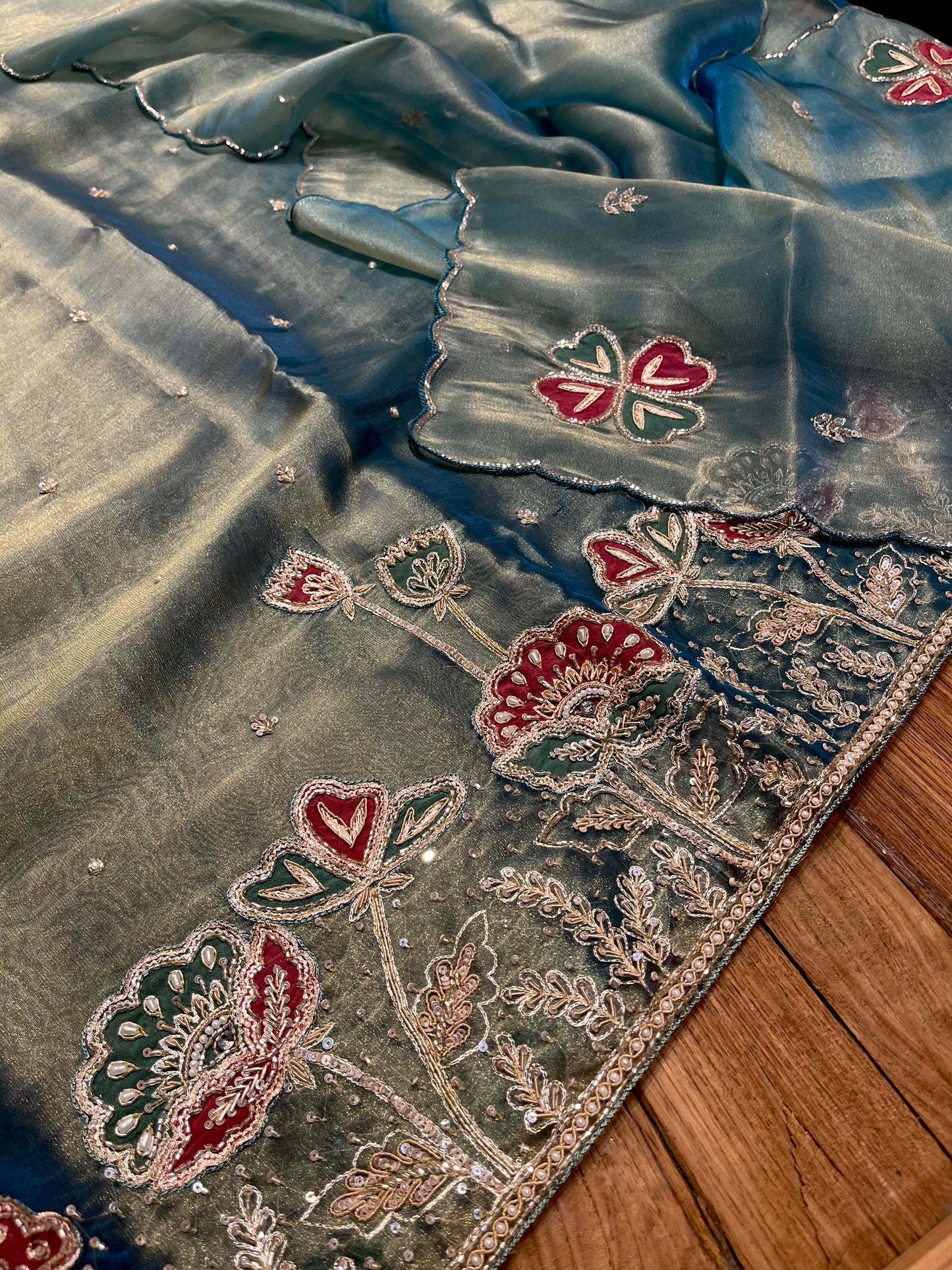 TEAL COLOUR TISSUE UNSTITCHED SUIT SET EMBELLISHED WITH CUTDANA & SEQUINS WORK (DELIVERY IN 20 DAYS)