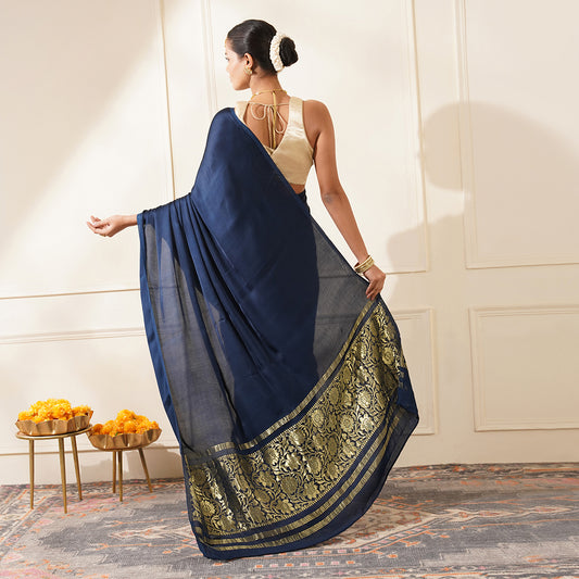 NAVY BLUE COLOUR MODAL SILK PLAIN SAREE WITH BANARASI PALLA