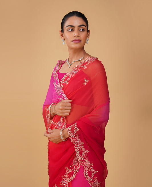 (Deliver in 20 Days) SHADED  CHIFFON SAREE WITH HAND EMBROIDERED BORDER & MOTIFS