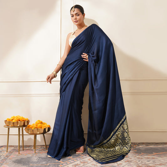 NAVY BLUE COLOUR MODAL SILK PLAIN SAREE WITH BANARASI PALLA