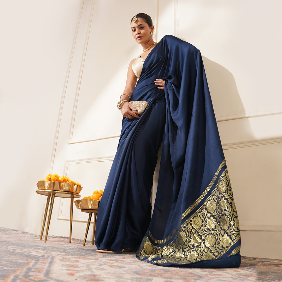 NAVY BLUE COLOUR MODAL SILK PLAIN SAREE WITH BANARASI PALLA