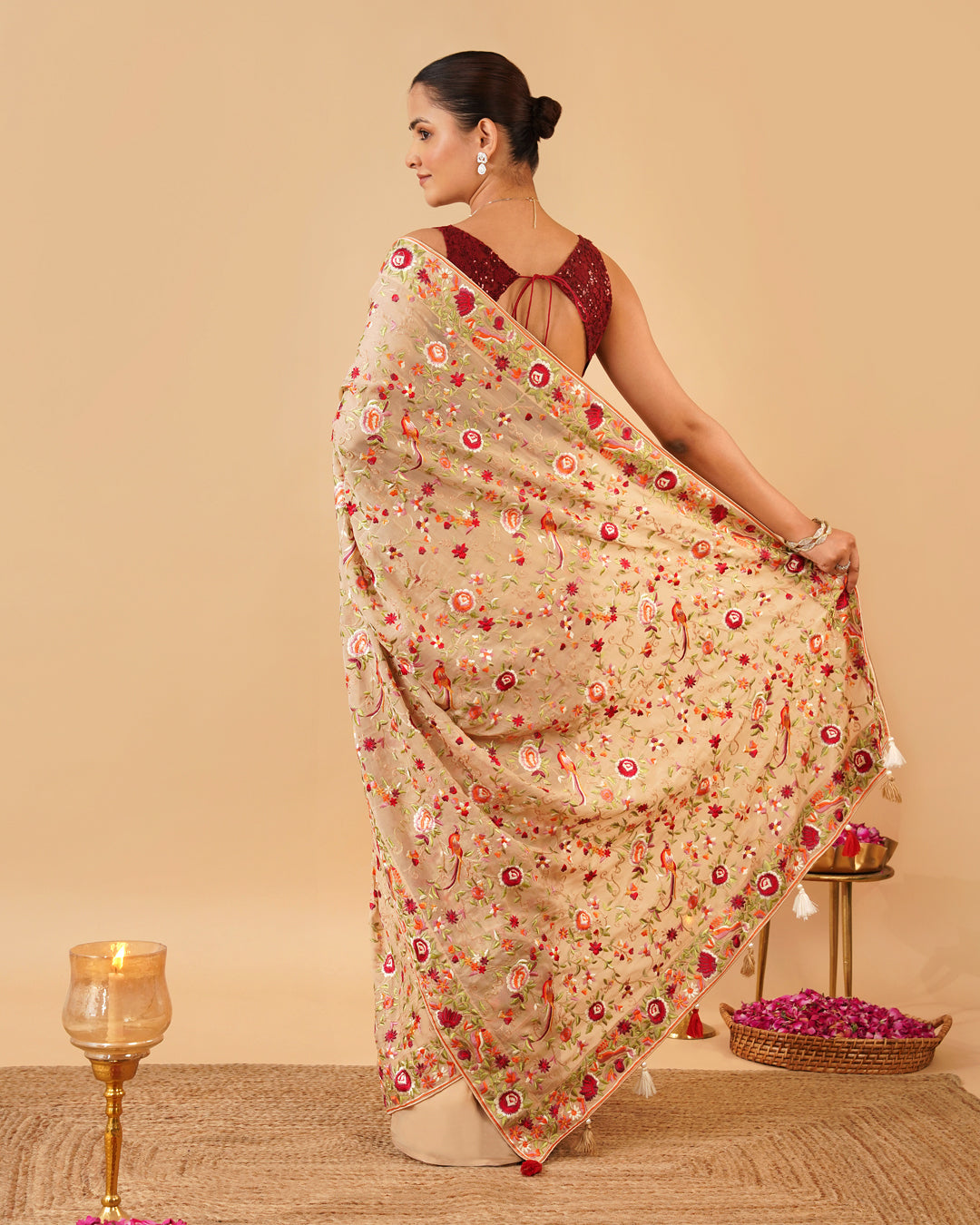BEIGE COLOUR PARSI (GARA) EMBROIDERED GEORGETTE SAREE