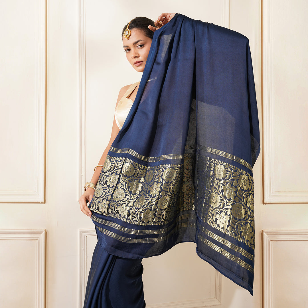 NAVY BLUE COLOUR MODAL SILK PLAIN SAREE WITH BANARASI PALLA