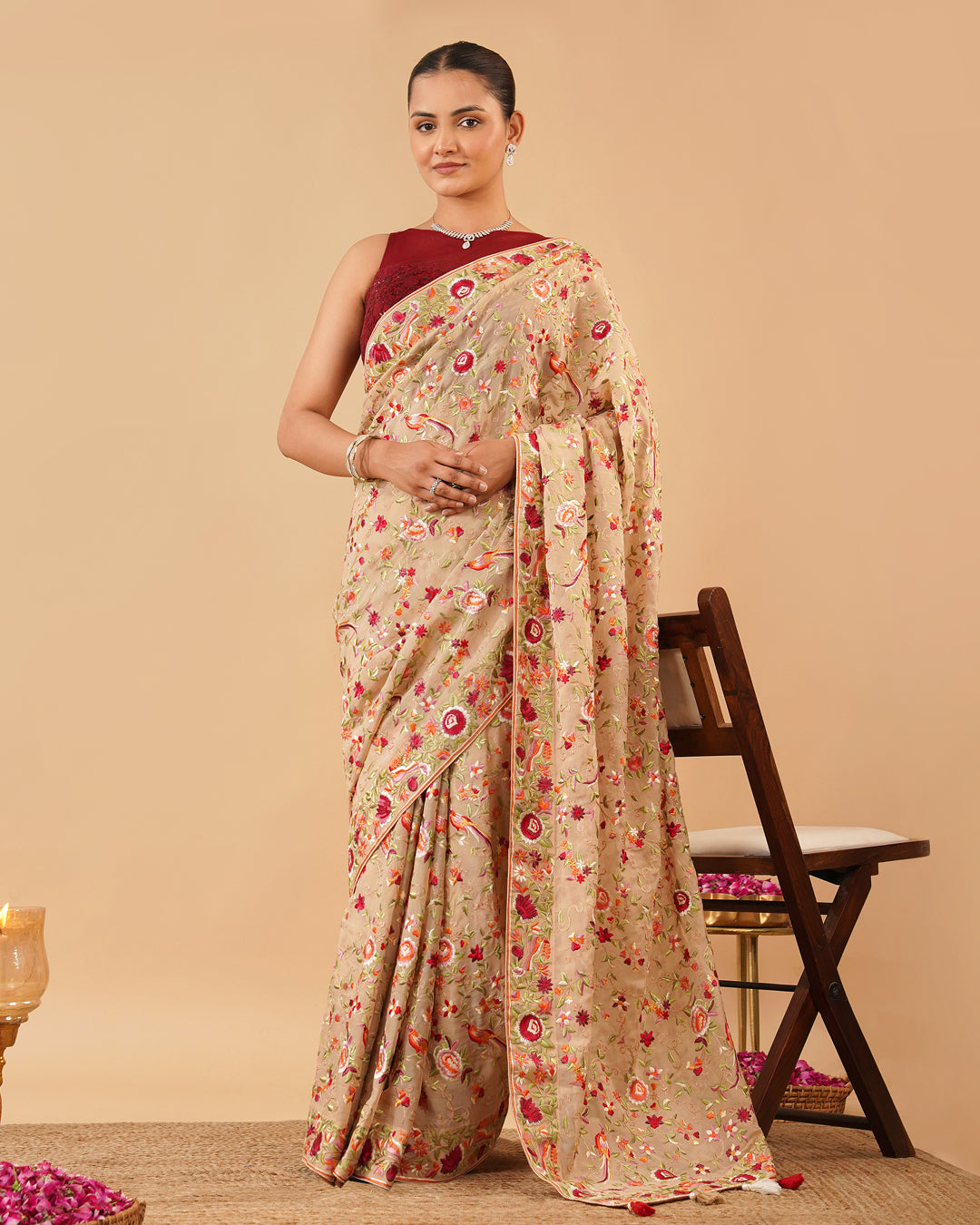 BEIGE COLOUR PARSI (GARA) EMBROIDERED GEORGETTE SAREE