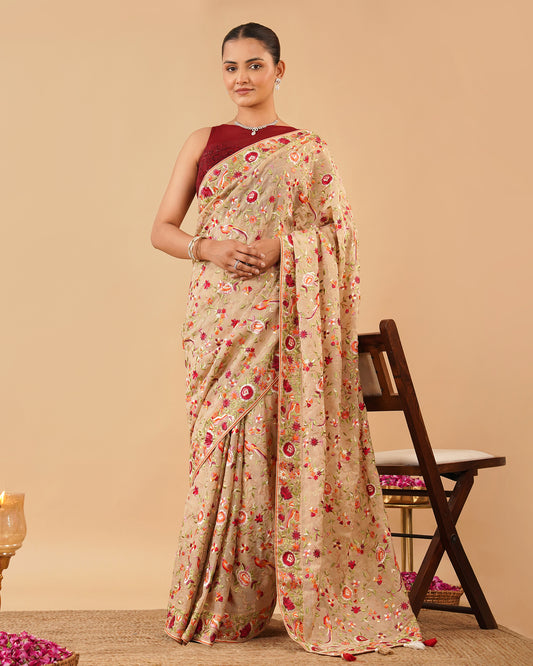 BEIGE COLOUR PARSI (GARA) EMBROIDERED GEORGETTE SAREE