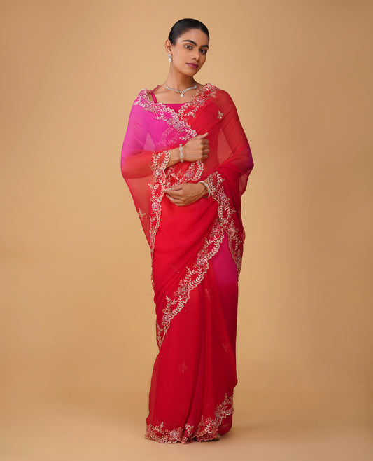 (Deliver in 20 Days) SHADED  CHIFFON SAREE WITH HAND EMBROIDERED BORDER & MOTIFS