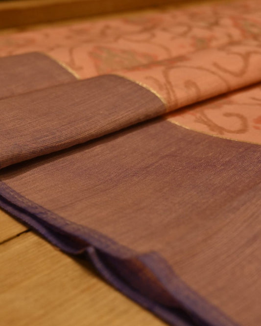PEACH PINK COLOUR POWERLOOM CHANDERI SAREE WITH IKAT WEAVE PATTERN AND CONTRAST BORDER