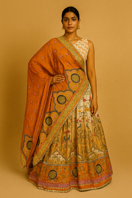 PRINTED SILK LEHENGA HIGHLIGHTED WITH PIPE WORK