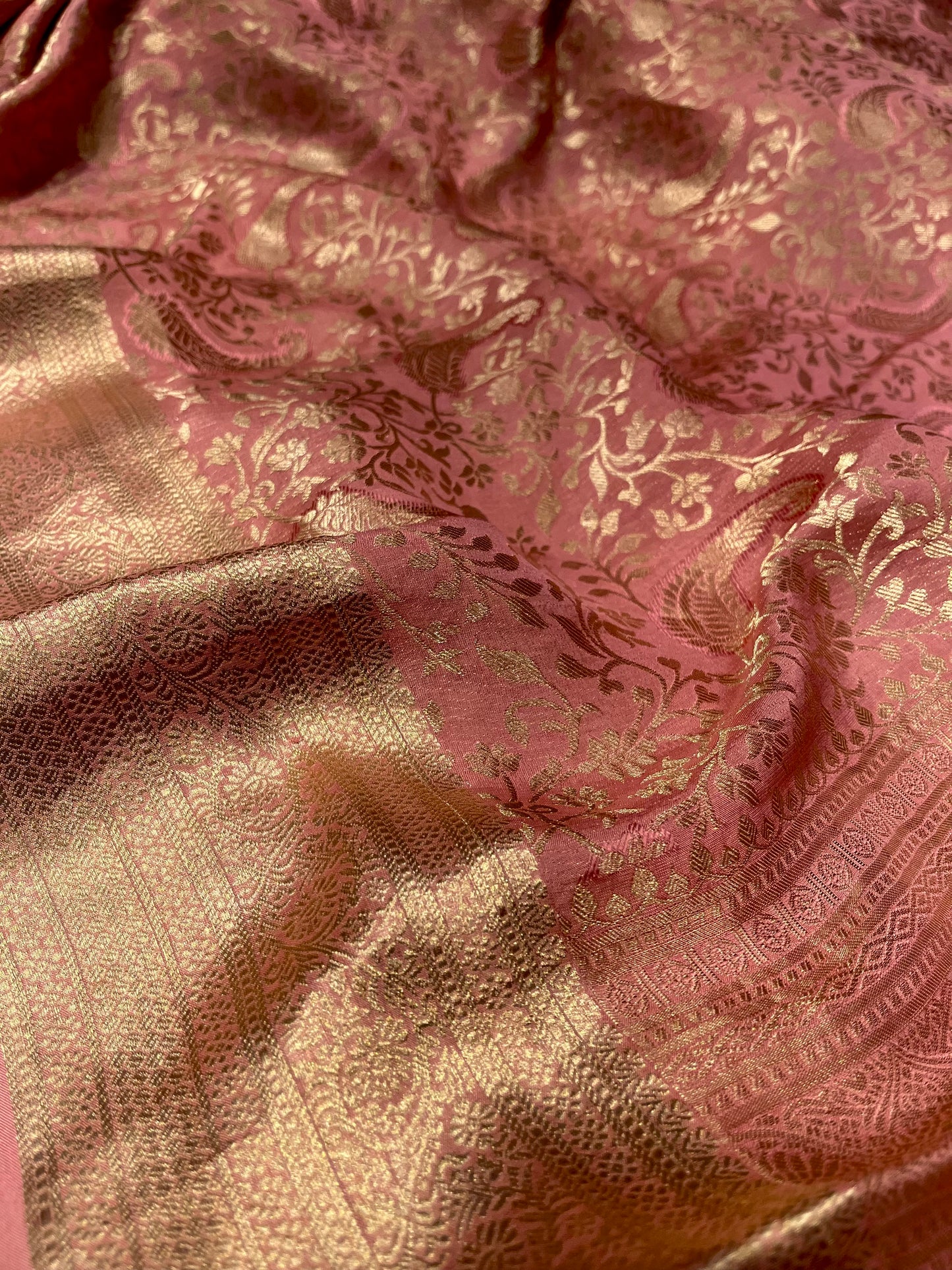 PEACH MYSORE CREPE SILK SAREE EMBELLISHED WITH ZARI WEAVES