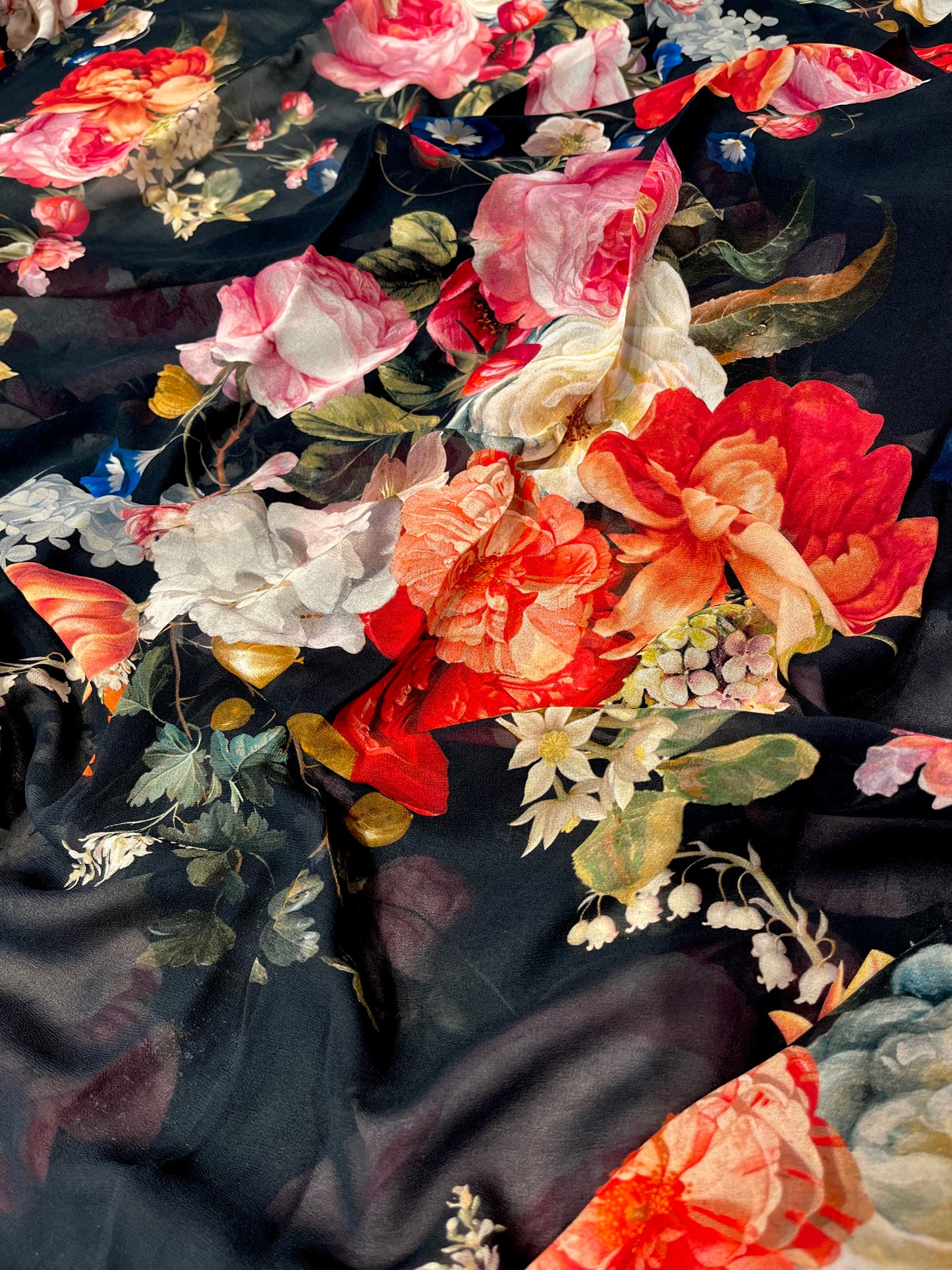 BLACK PURE GEORGETTE FLORAL PRINTED SAREE (DELIVERY IN 20 DAYS)