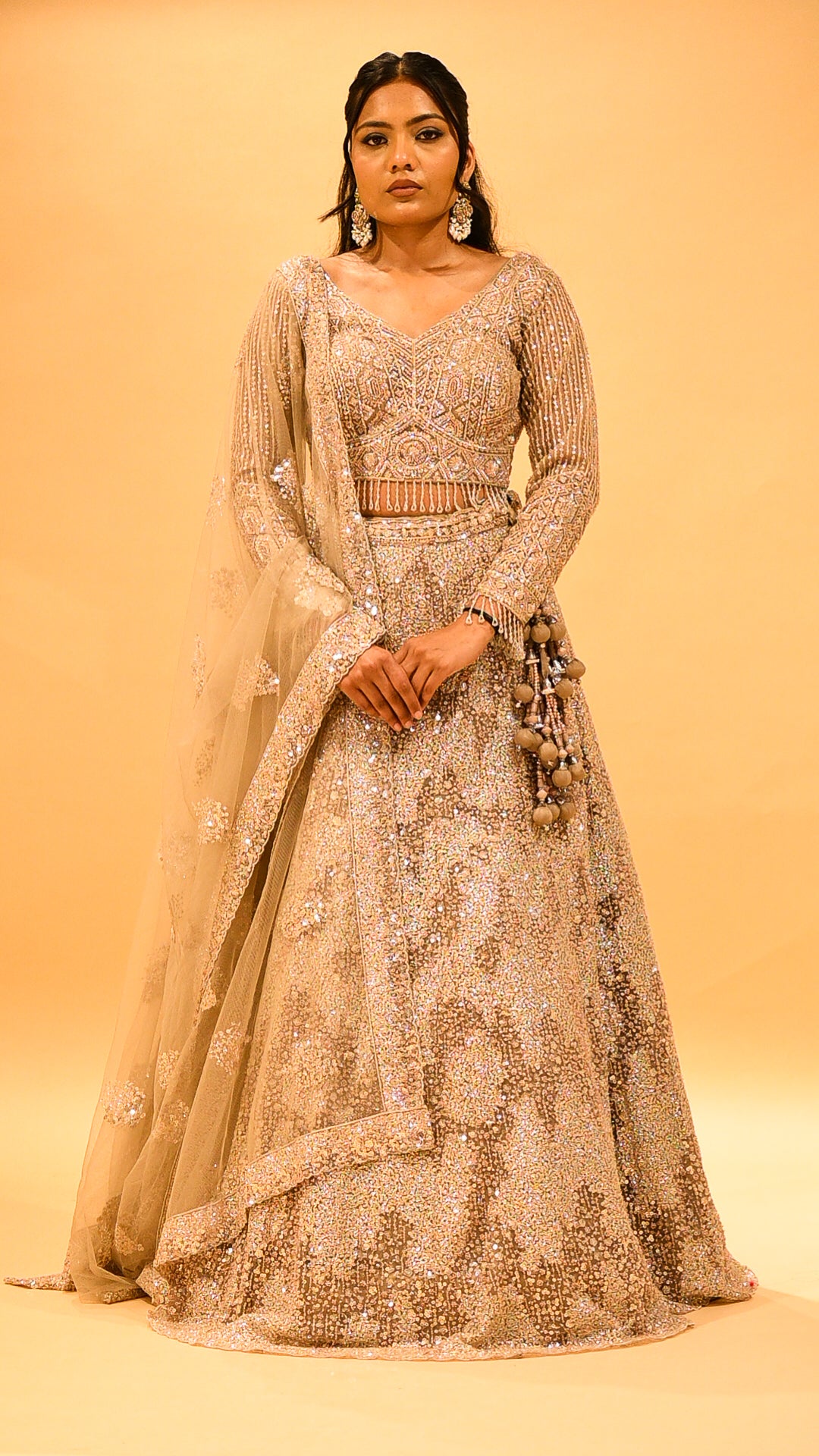 SEQUINS-SHADED LEHENGA WITH CROP TOP BLOUSE & NET EMBROIDERED DUPATTA