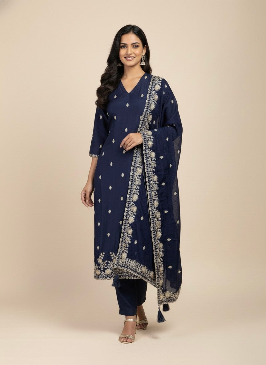 NAVY BLUE PLANT BASED SILK EMBROIDERED UNSTITCHED SUIT