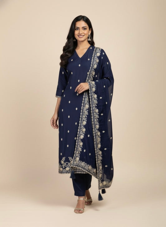 NAVY BLUE PLANT BASED SILK EMBROIDERED UNSTITCHED SUIT