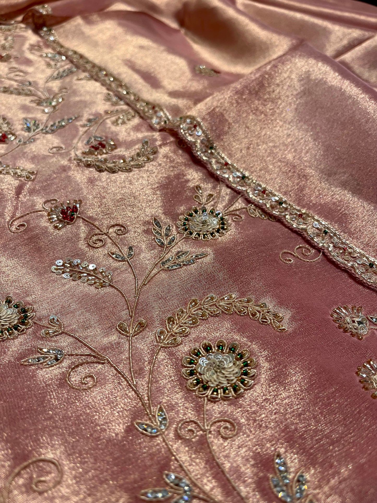 ROSE GOLD COLOUR PURE TISSUE EMBROIDERED UNSTITCHED SUIT WITH ZARDOZI & BEAD WORK (DELIVERY IN 20 DAYS)