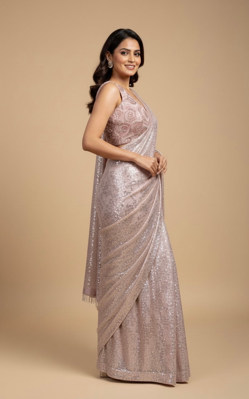 BABY PINK SEQUINS NET SAREE WITH READYMADE BLOUSE EMBELLISHED WITH CUTDANA & SEQUINS WORK (DELIVERY IN 25 DAYS)