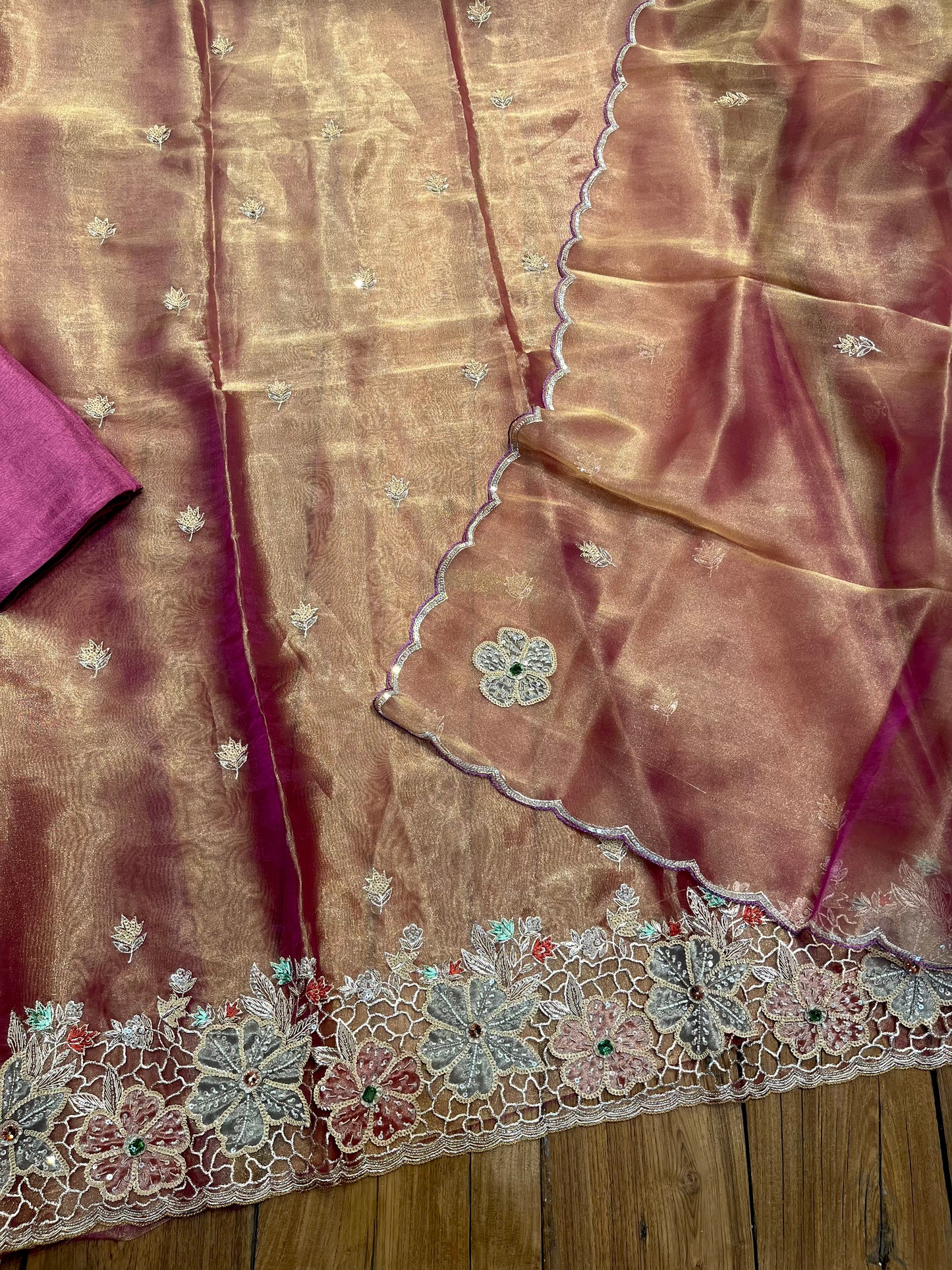 COPPER ROSE GOLD COLOUR TISSUE UNSTITCHED SUIT SET WITH CUTDANA & SEQUINS WORK (DELIVERY IN 20 DAYS)