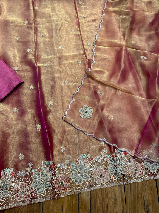 COPPER ROSE GOLD COLOUR TISSUE UNSTITCHED SUIT SET WITH CUTDANA & SEQUINS WORK (DELIVERY IN 20 DAYS)