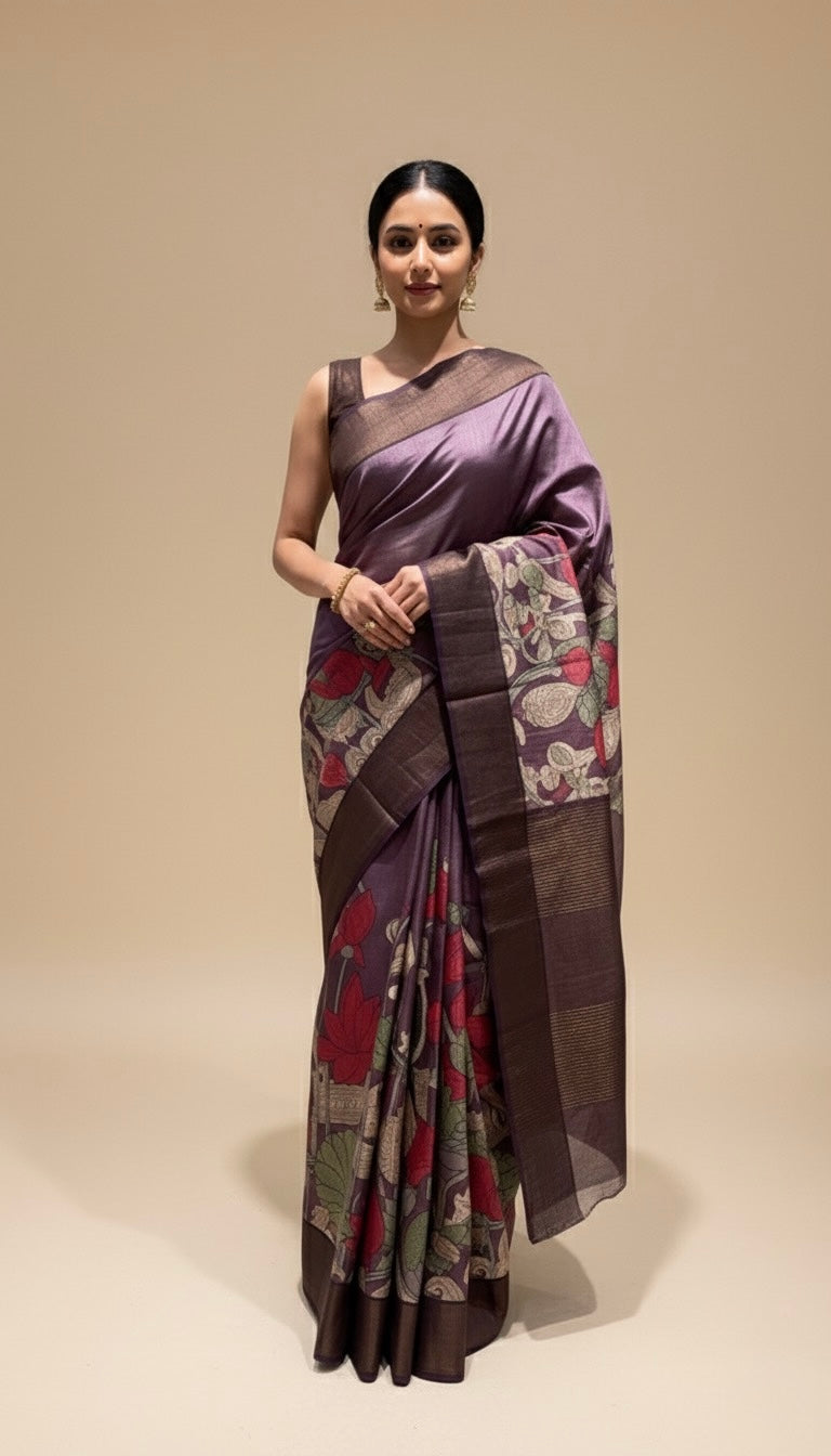 TAUPE MAUVE COLOUR PURE TUSSAR SILK PRINTED SAREE WITH ZARI BORDER