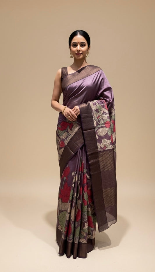 TAUPE MAUVE COLOUR PURE TUSSAR SILK PRINTED SAREE WITH ZARI BORDER