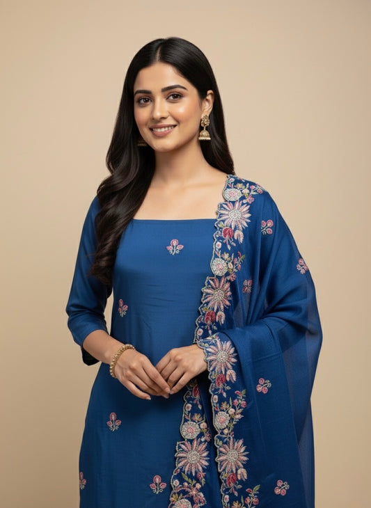 PETROL BLUE PLANT BASED SILK EMBROIDERED UNSTITCHED SUIT