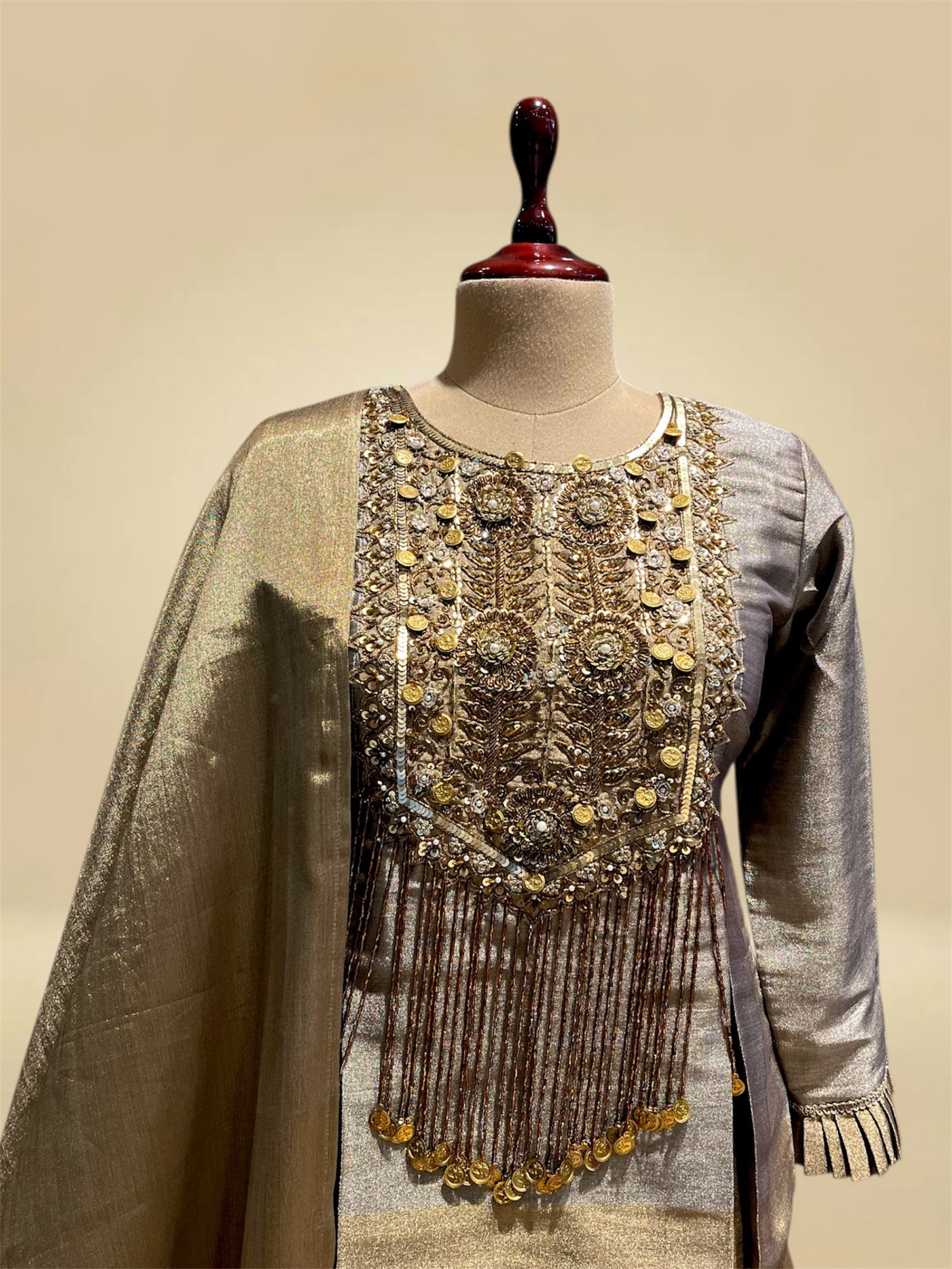 SILVER AND ANTIQUE GOLD CHANDERI TISSUE LEHENGA SET WITH SEQUIN & CUTDANA EMBROIDERED SHORT KURTI AND DUPATTA