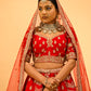 RED BRIDAL WEDDING LEHENGA WITH THREE-PANEL DESIGN, 6-METER FLAIR, DOUBLE DUPATTA, POTLI & EMBROIDERED TASSELS