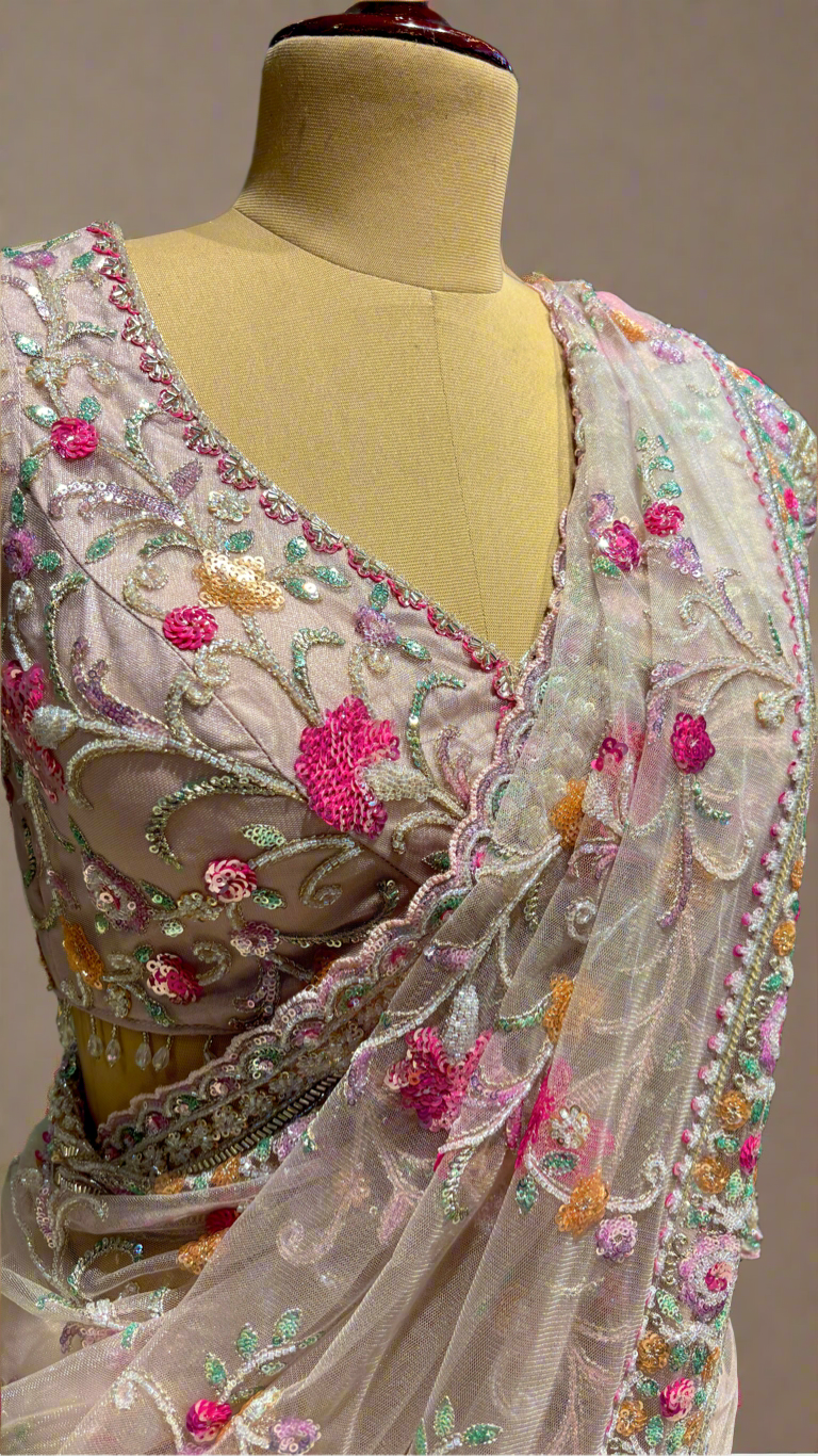 PINK NET SAREE WITH SEQUINS EMBROIDERY AND READYMADE BLOUSE
