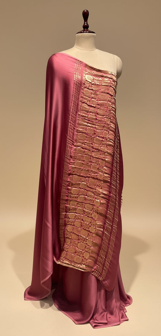 TURKISH ROSE COLOUR MODAL SILK SATIN SAREE WITH BANARASI PALLA