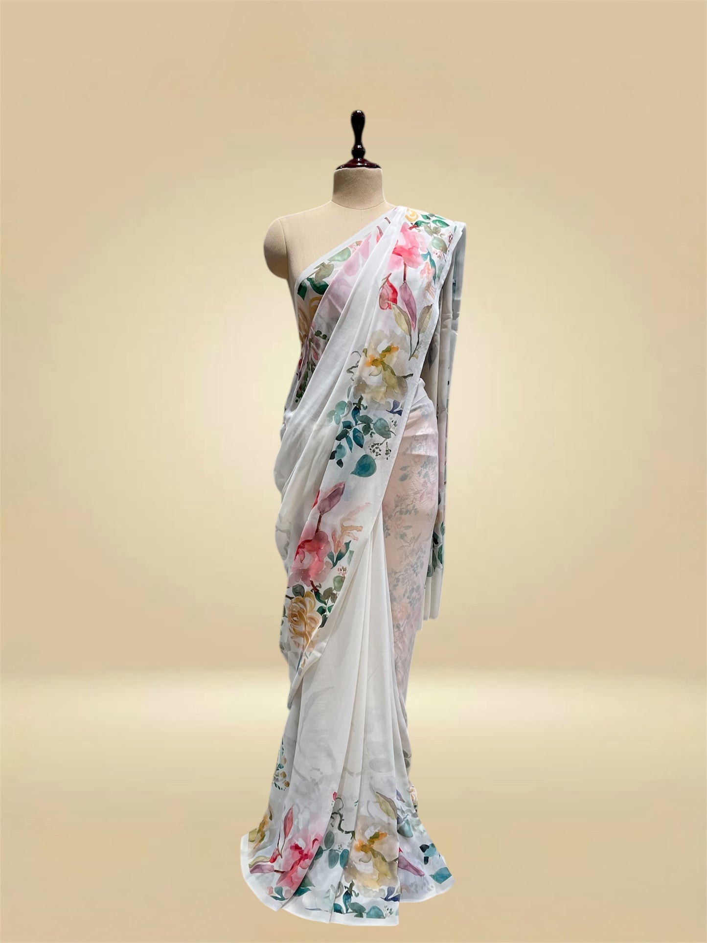 WHITE PURE GEORGETTE FLORAL PRINTED SAREE (DELIVERY IN 20 DAYS)