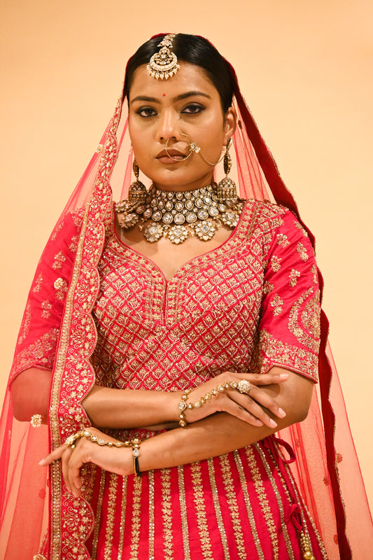 RANI HAND-EMBROIDERED BRIDAL LEHENGA WITH READYMADE BLOUSE, NET DUPATTA & EMBROIDERED TASSELS