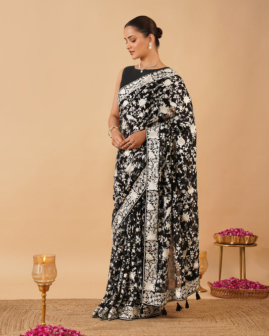 BLACK COLOUR PARSI (GARA) EMBROIDERED ORGANZA SAREE