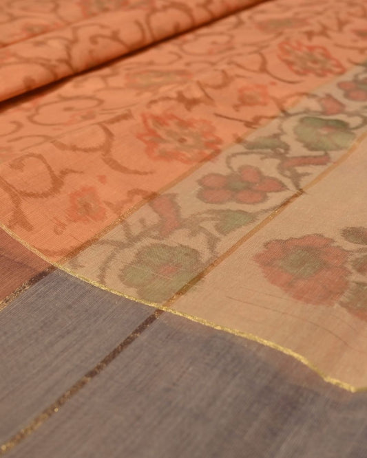PEACH PINK COLOUR POWERLOOM CHANDERI SAREE WITH IKAT WEAVE PATTERN AND CONTRAST BORDER