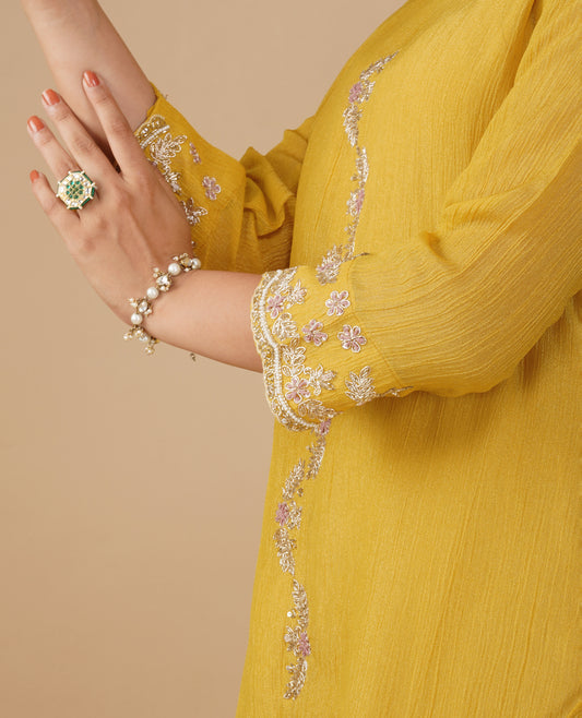 (DELIVERY TIME 20 DAYS) YELLOW TISSUE READYMADE SUIT WITH ZARI FLORAL EMBROIDERY PAIRED WITH PANTS & DUPATTA