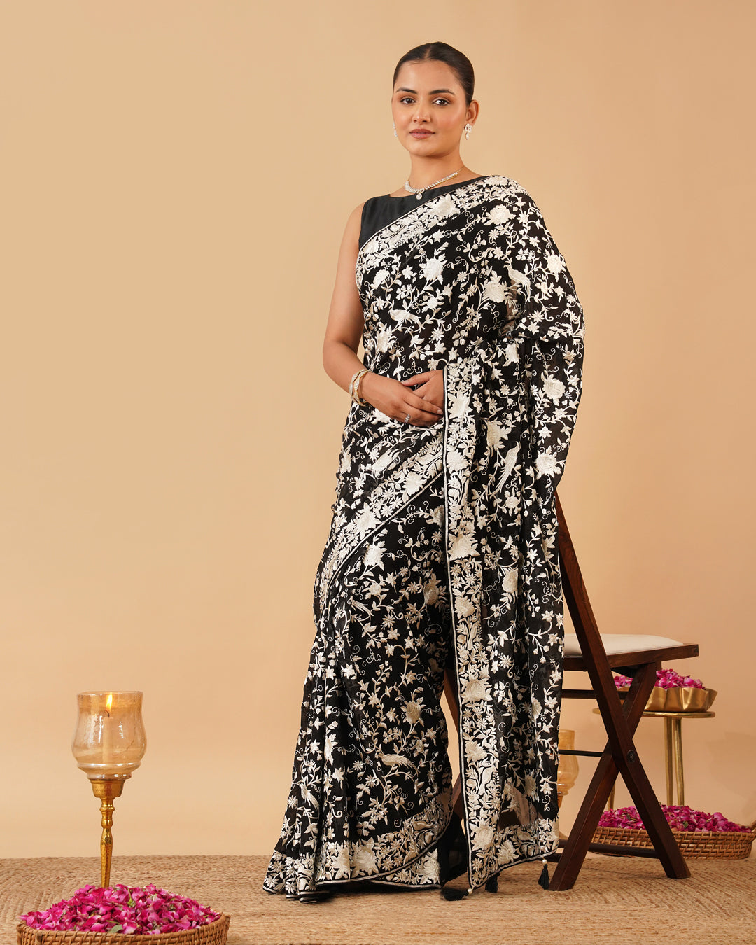 BLACK COLOUR PARSI (GARA) EMBROIDERED ORGANZA SAREE