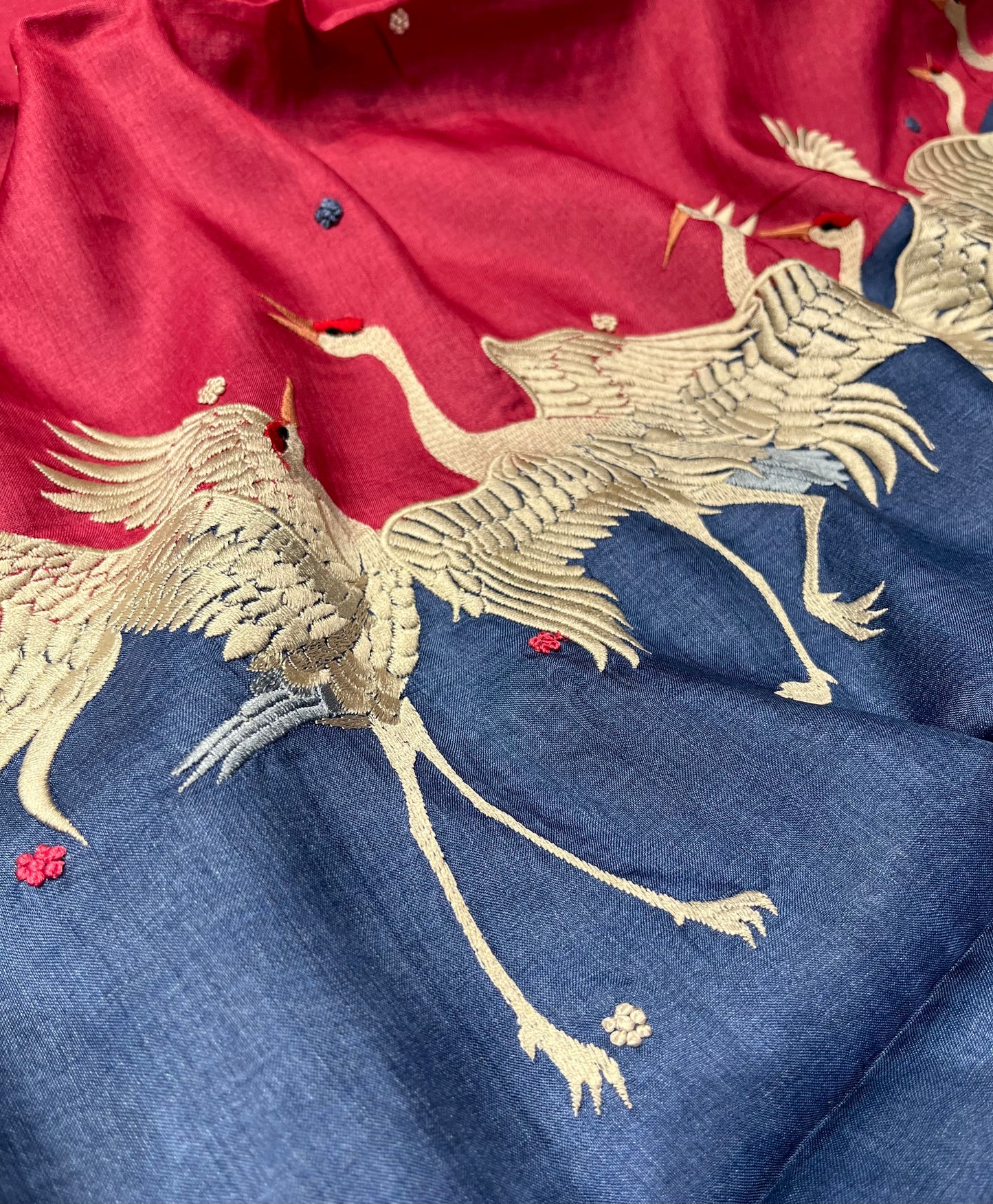 NAVY BLUE & RASPBERRY PINK PURE TUSSAR SILK SAREE EMBELLISHED WITH PARSI EMBROIDERY