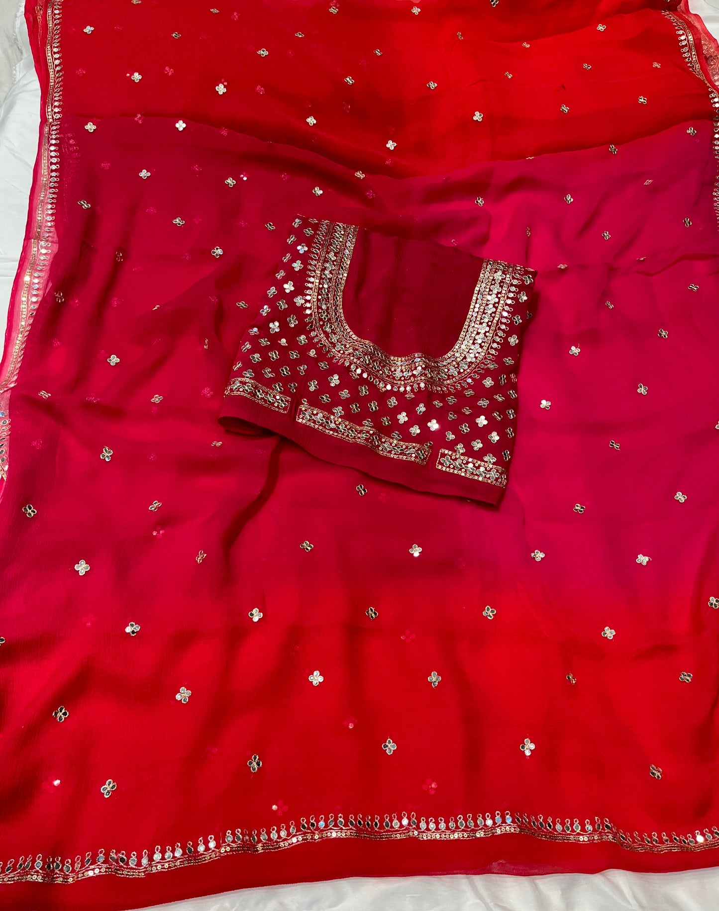 RED & PINK SHADED CHIFFON SAREE EMBELLISHED WITH FOIL MIRROR WORK - Kothari Sons