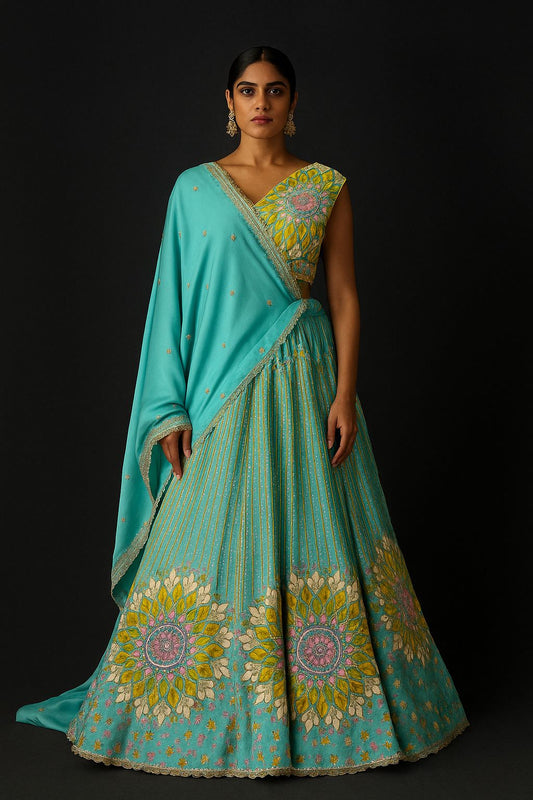 LIGHT BLUE PRINTED SILK LEHENGA HIGHLIGHTED WITH PIPE WORK
