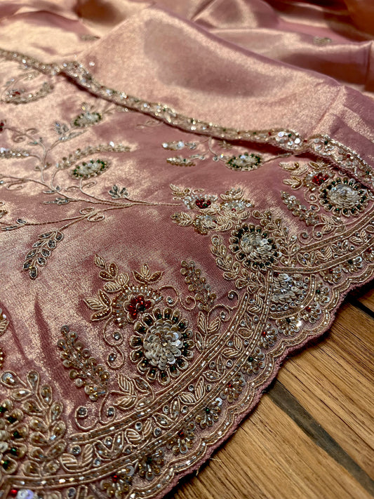 ROSE GOLD COLOUR PURE TISSUE EMBROIDERED UNSTITCHED SUIT WITH ZARDOZI & BEAD WORK (DELIVERY IN 20 DAYS)