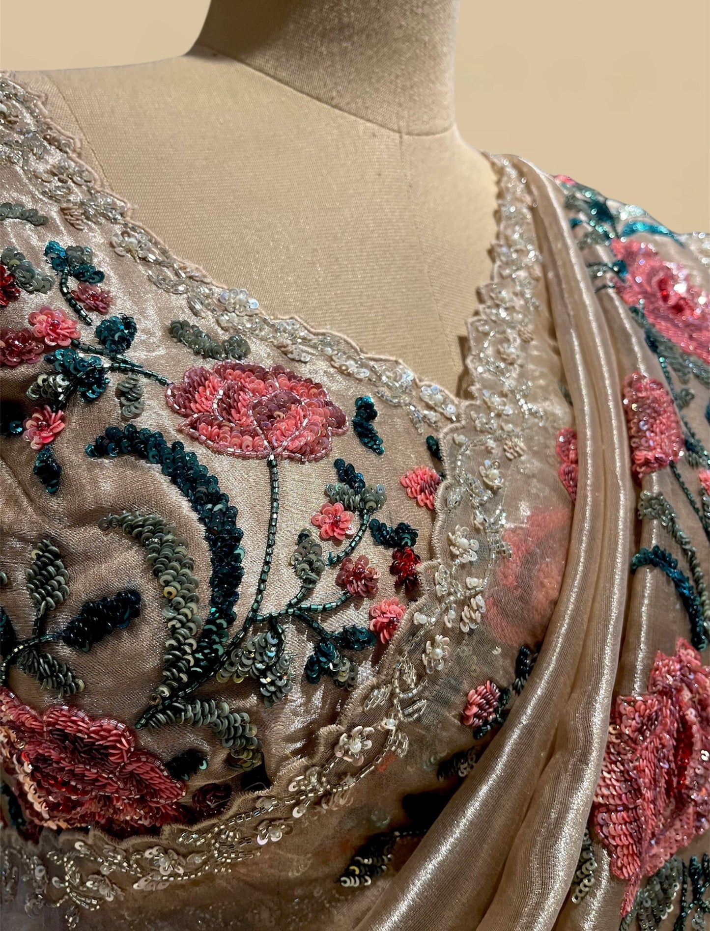 GOLDEN PURE TISSUE SEQUINS WORK HAND EMBROIDERED SAREE WITH READYMADE BLOUSE