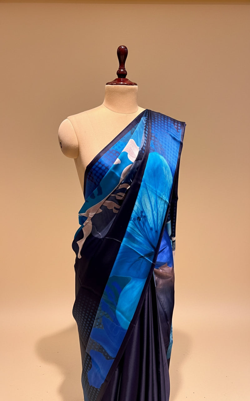 BLUE PURE SATIN PRINTED SAREE