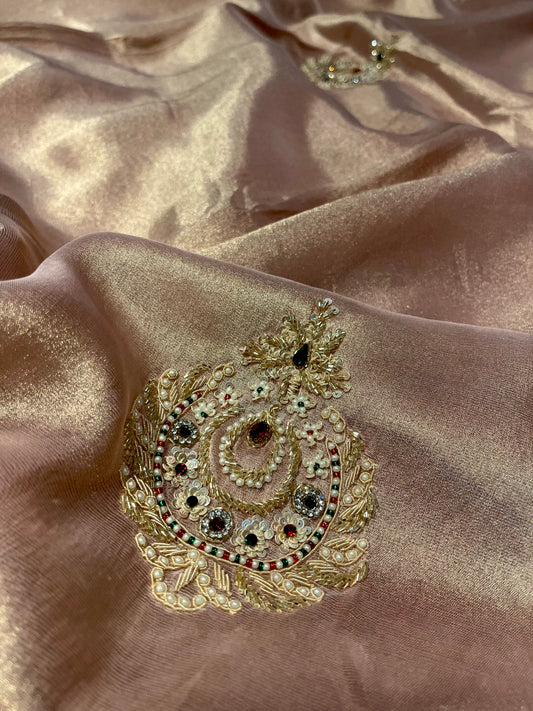 ROSE GOLD COLOR TISSUE SAREE EMBELLISHED WITH CUTDANA, SEQUINS & PEARLS WORK PAIRED WITH CONTRAST BLOUSE