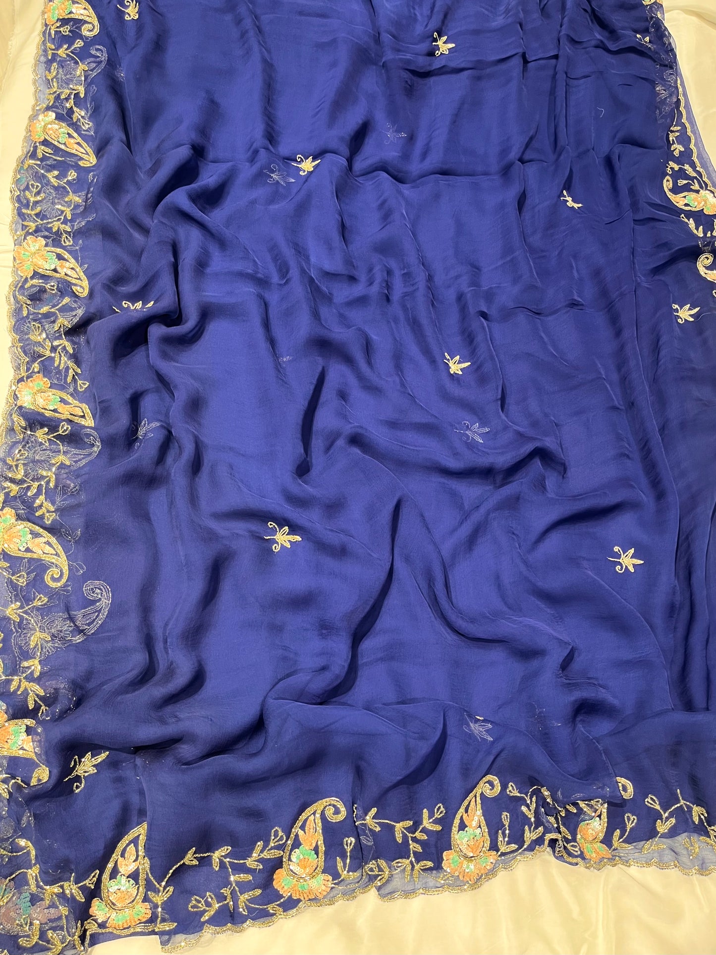 NAVY BLUE CHIFFON EMBROIDERED SAREE WITH SEQUINS, CUTDANA & AARI WORK - Kothari Sons