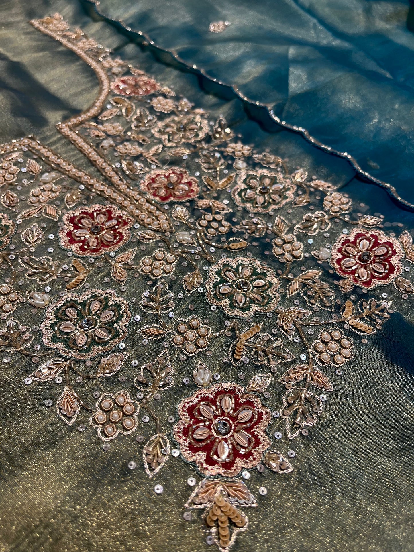 TEAL COLOUR TISSUE UNSTITCHED SUIT SET EMBELLISHED WITH CUTDANA & SEQUINS WORK (DELIVERY IN 20 DAYS)