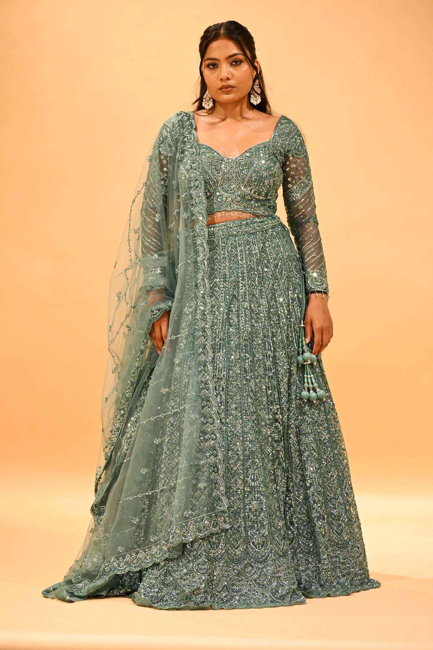 TEAL GREEN SEQUIN EMBROIDERED READY-TO-WEAR LEHENGA WITH CROP TOP & DUPATTA
