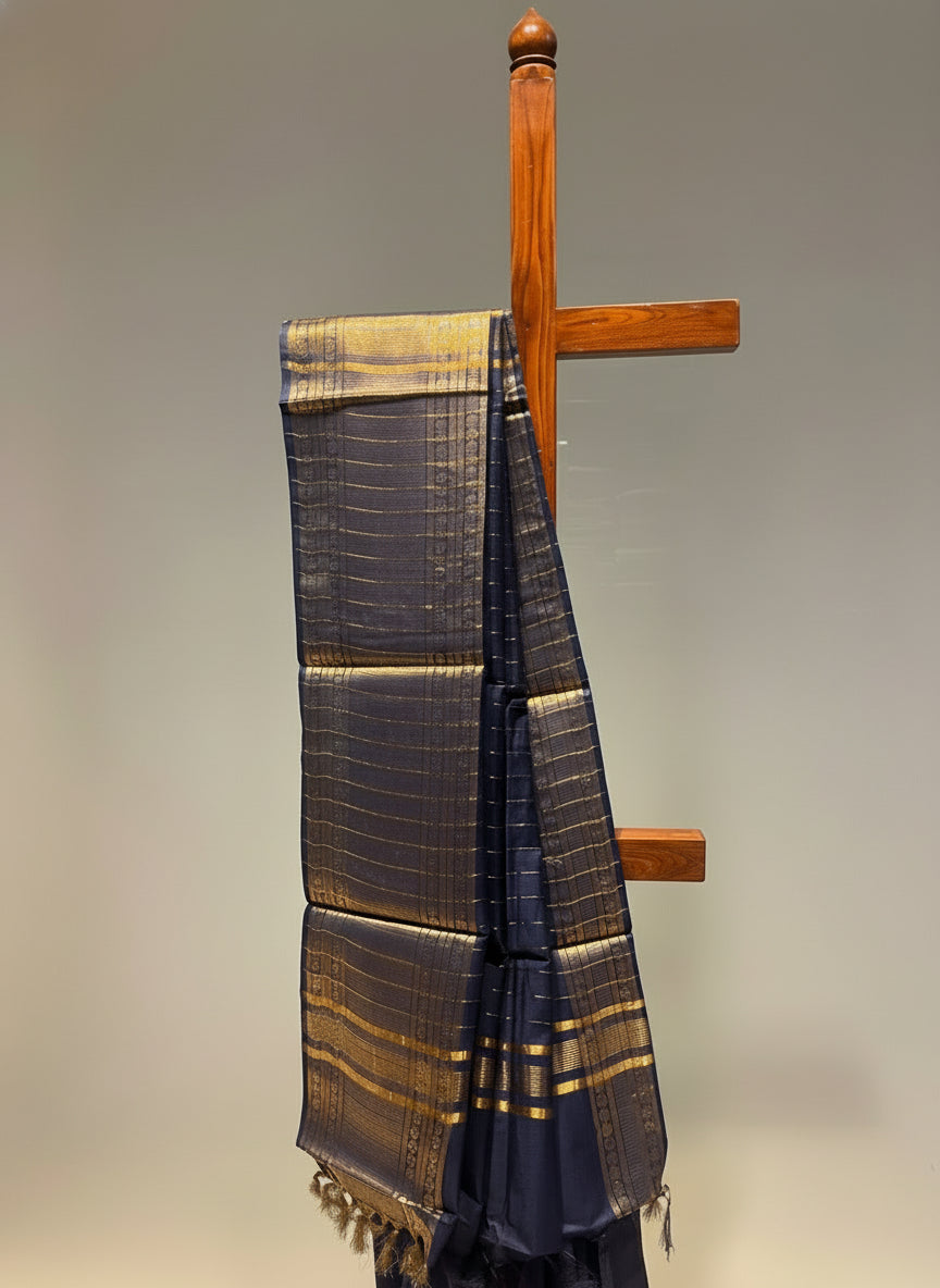 DENIM BLUE MAHESHWARI SAREE EMBELLISHED WITH ZARI WEAVES (DELIVERY IN 20 DAYS)