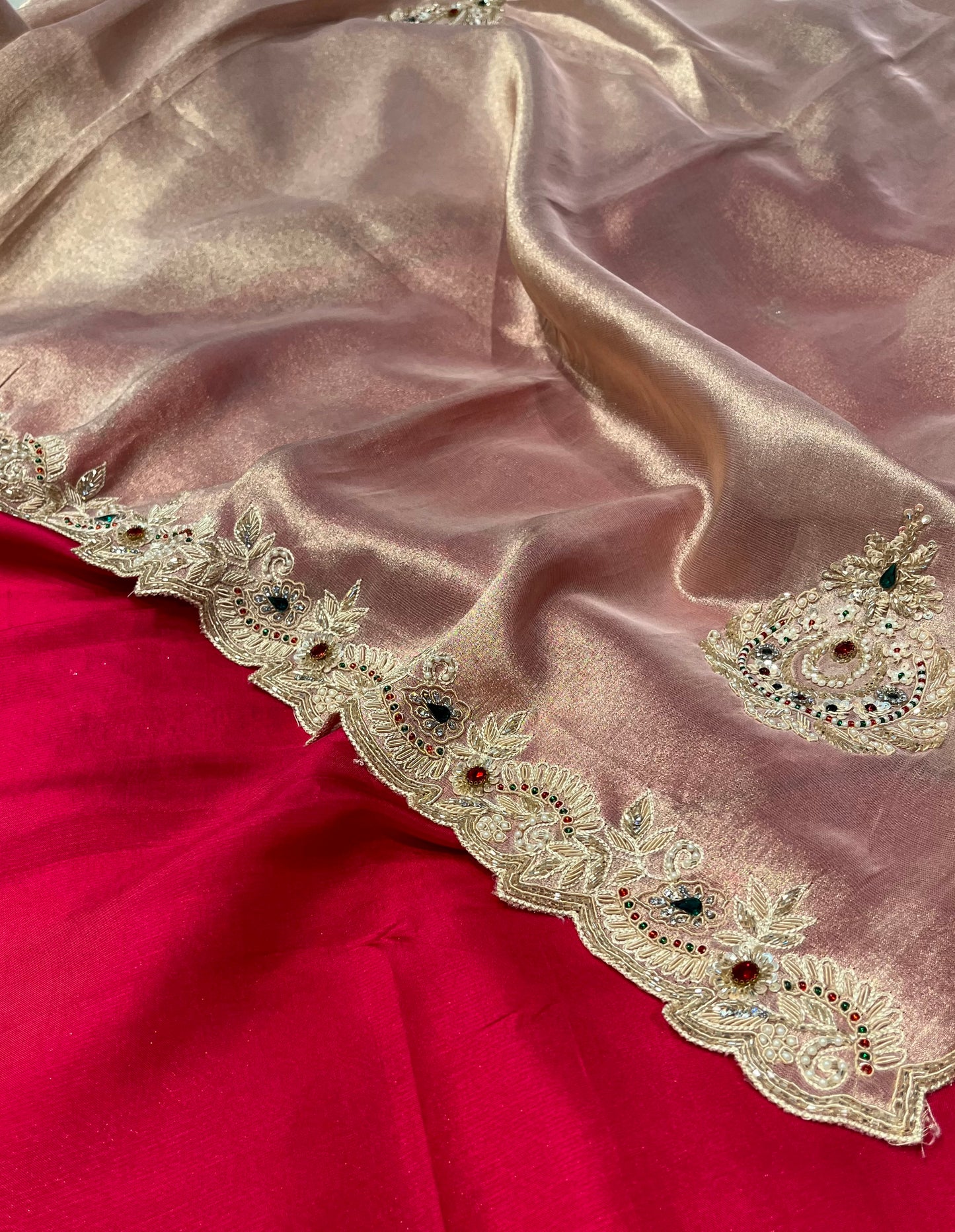 ROSE GOLD COLOR TISSUE SAREE EMBELLISHED WITH CUTDANA, SEQUINS & PEARLS WORK PAIRED WITH CONTRAST BLOUSE