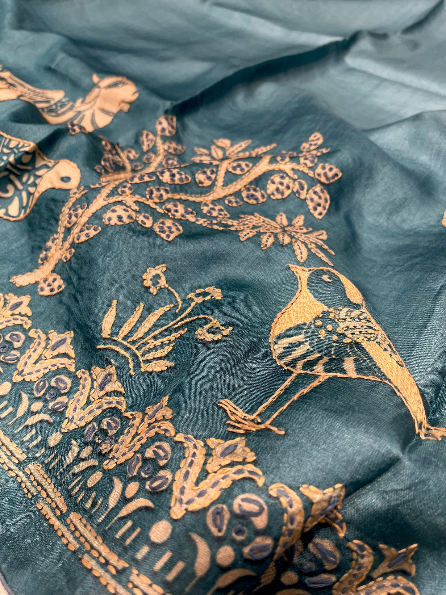 SMOKY TEAL BLUE PURE TUSSAR SILK SAREE EMBELLISHED WITH KANTHA EMBROIDERY
