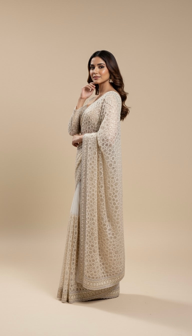 CHAMPAGNE BEIGE COLOUR NET SAREE WITH SEQUIN EMBROIDERY AND READYMADE BLOUSE