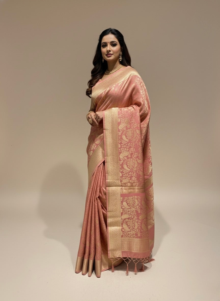 PEACH MYSORE CREPE SILK SAREE EMBELLISHED WITH ZARI WEAVES