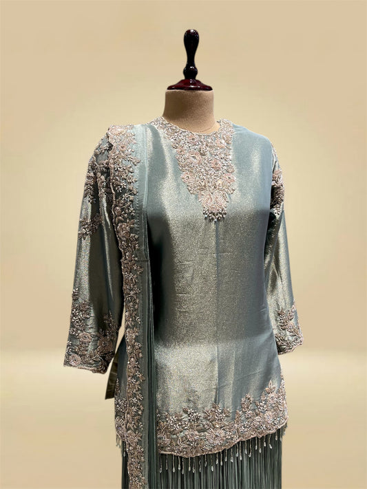 STEEL BLUE PURE TISSUE SHORT KURTI WITH PLEATED PALAZZO PANTS AND DUPATTA EMBELLISHED WITH BEADS & SEQUINS WORK (DELIVERY IN 20 DAYS)